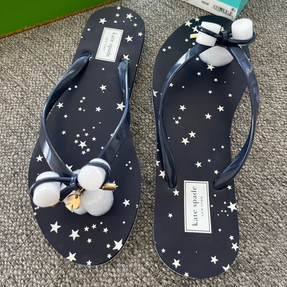 Kate Spade NWT Navy with White Stars Flip Flops Size 9M